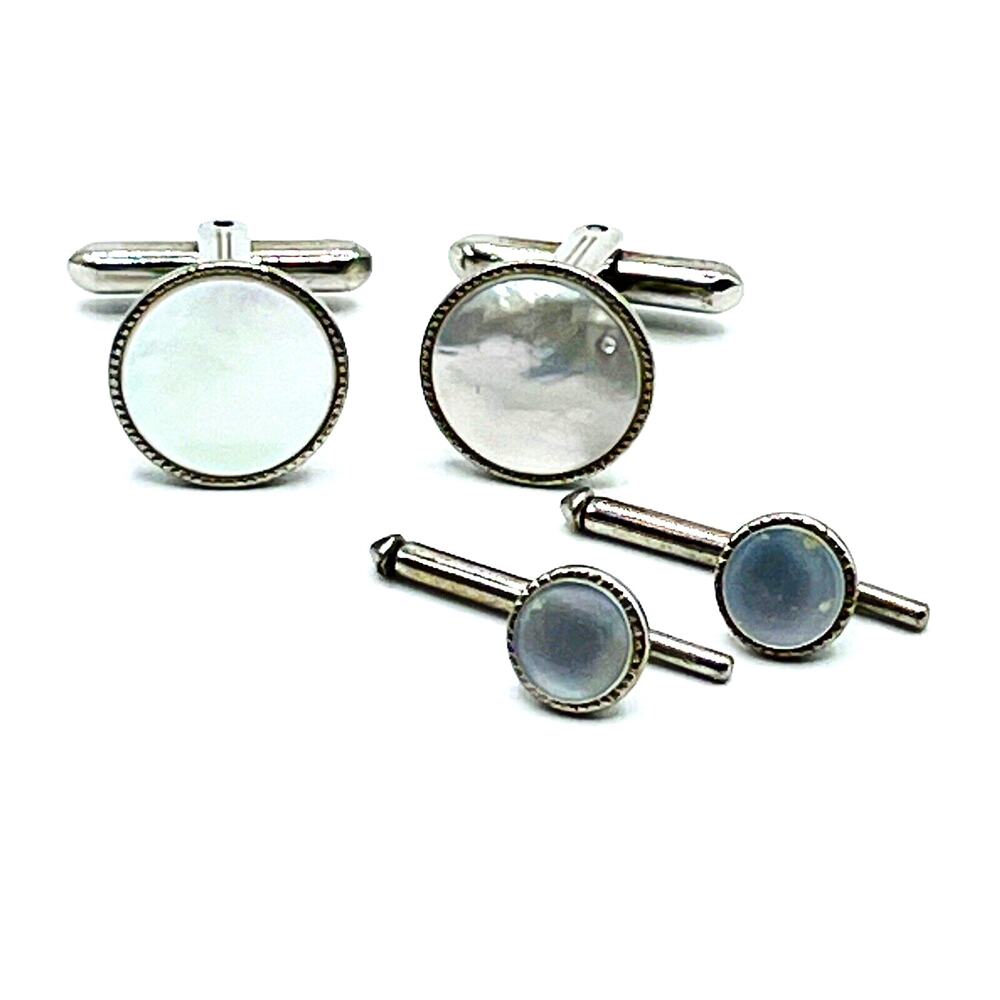 Vintage Hickok Silver Tone Mother of Pearl Cufflinks & Tuxedo Shirt Buttons